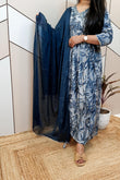 Blue Gown Suit With Pant And Chiffon Dupatta
