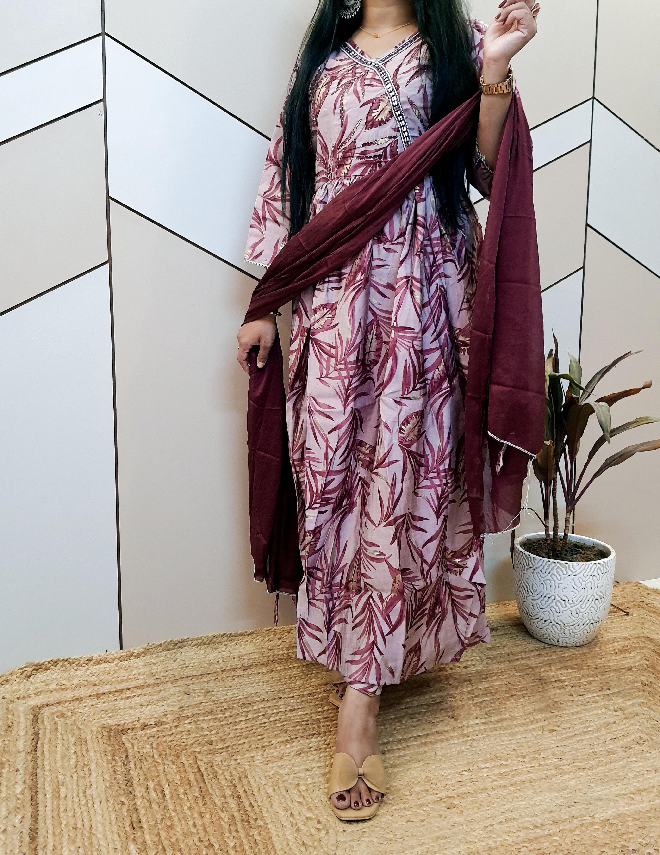 Wine Muslin Frock Suit With Chiffon Dupatta