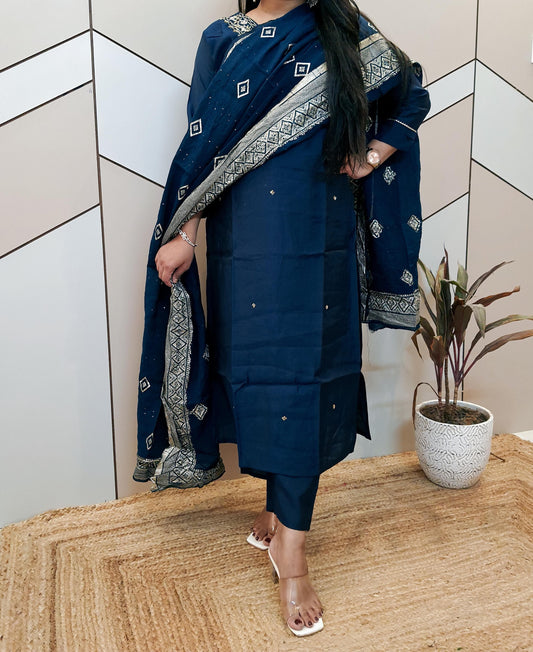 Blue Silk Suit Set With Brocade Banarasi Dupatta