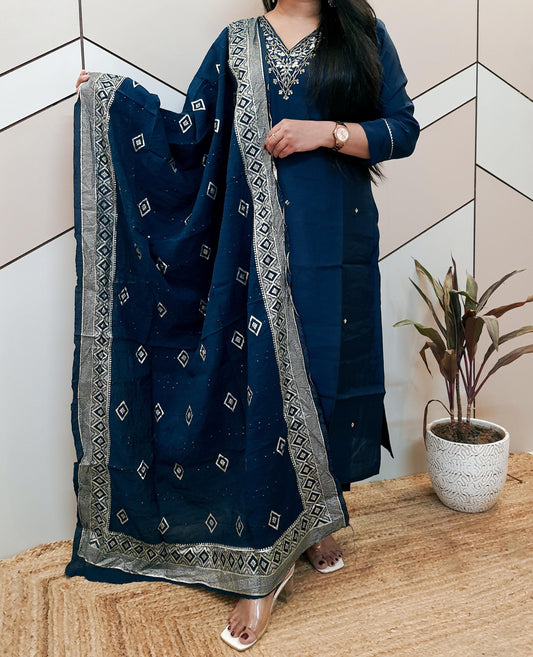 Blue Silk Suit Set With Brocade Banarasi Dupatta