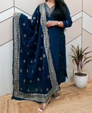 Blue Silk Suit Set With Brocade Banarasi Dupatta