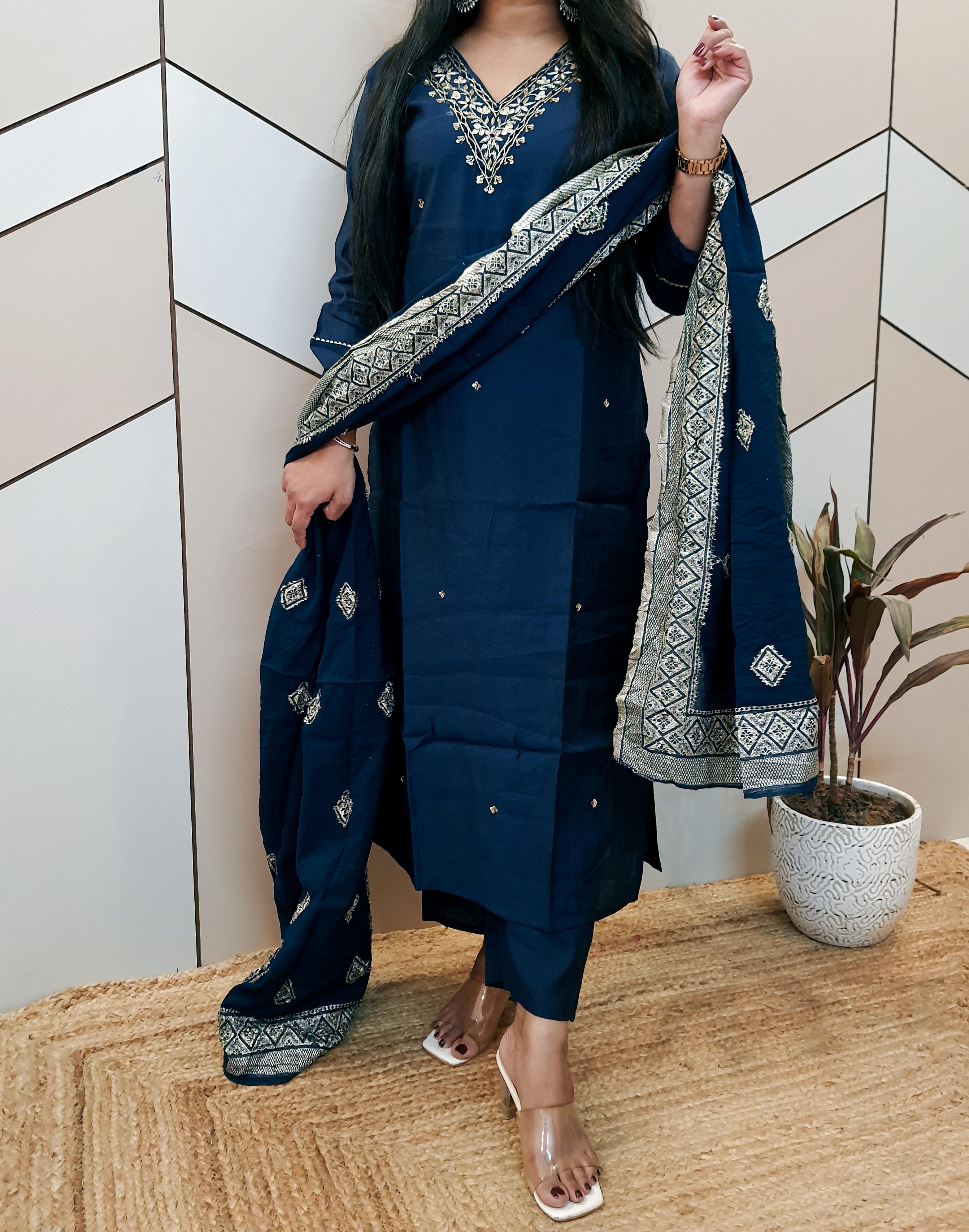 Blue Silk Suit Set With Brocade Banarasi Dupatta