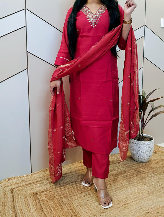 Red Silk Suit Set With Brocade Banarasi Dupatta