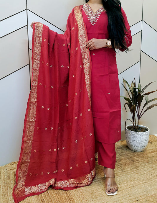 Red Silk Suit Set With Brocade Banarasi Dupatta
