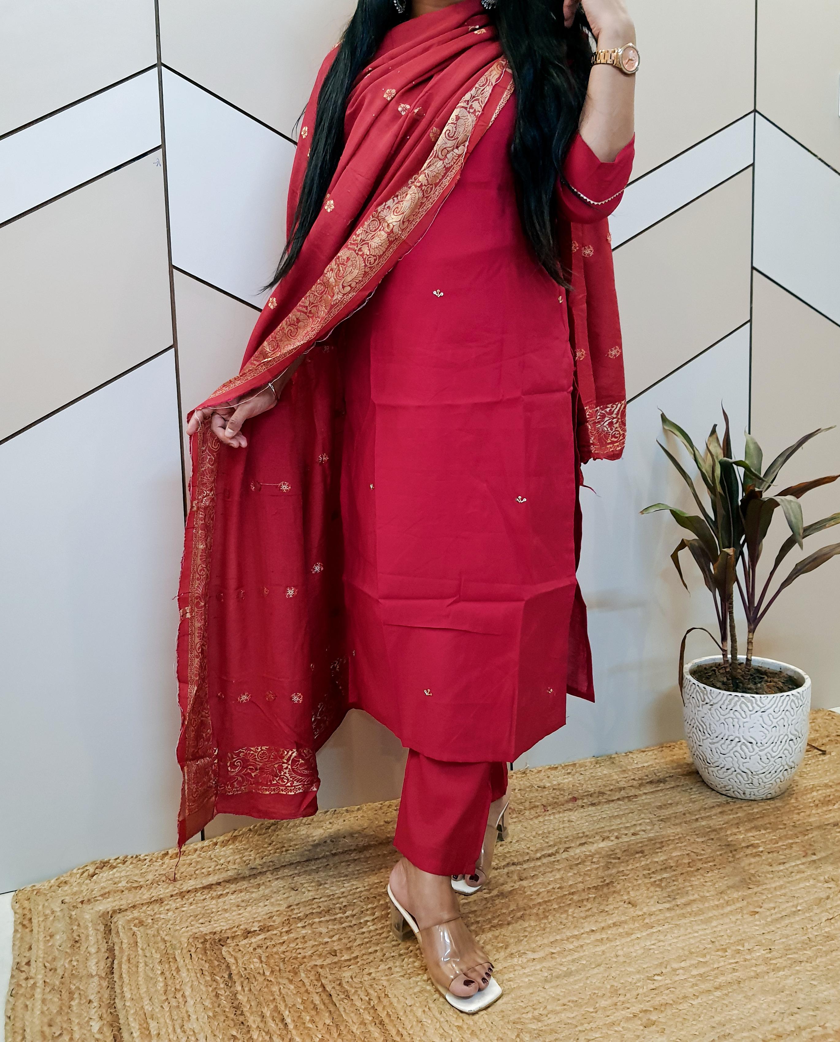 Red Silk Suit Set With Brocade Banarasi Dupatta