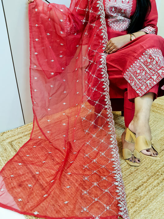 Red Premium Silk Suit With Organza Embroidery Dupatta