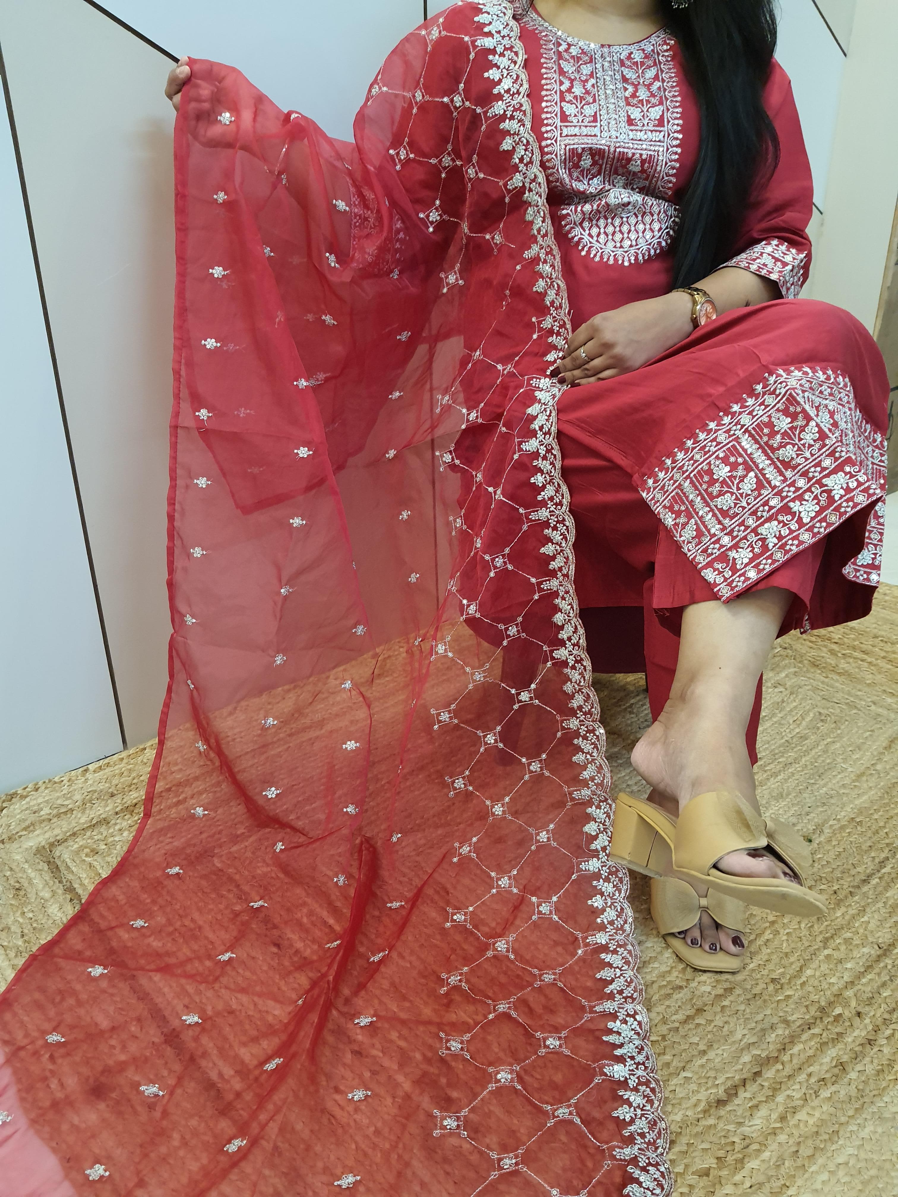 Red Premium Silk Suit With Organza Embroidery Dupatta