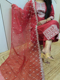 Red Premium Silk Suit With Organza Embroidery Dupatta