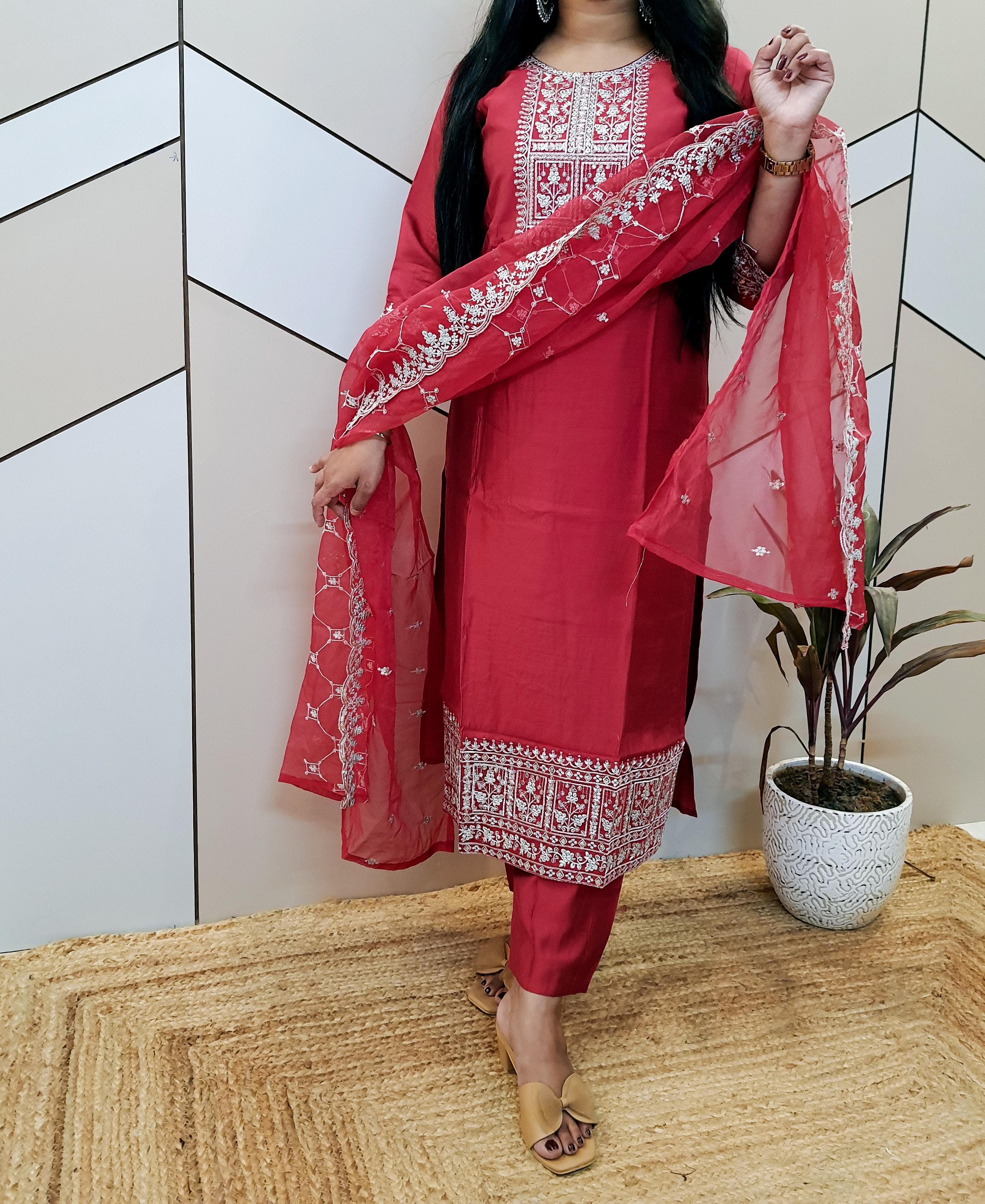 Red Premium Silk Suit With Organza Embroidery Dupatta