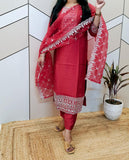 Red Premium Silk Suit With Organza Embroidery Dupatta