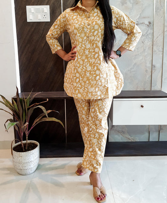 Yellow Collar Pattern Pure Cotton Co-ord Set