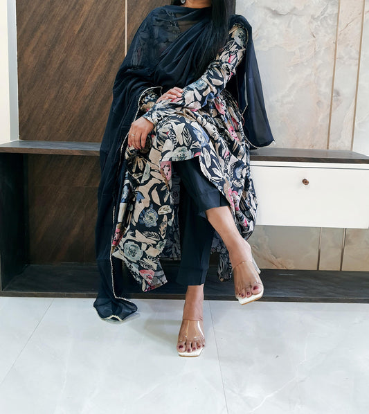 Printed Muslin Frock Suit With Pant And Chiffon Dupatta