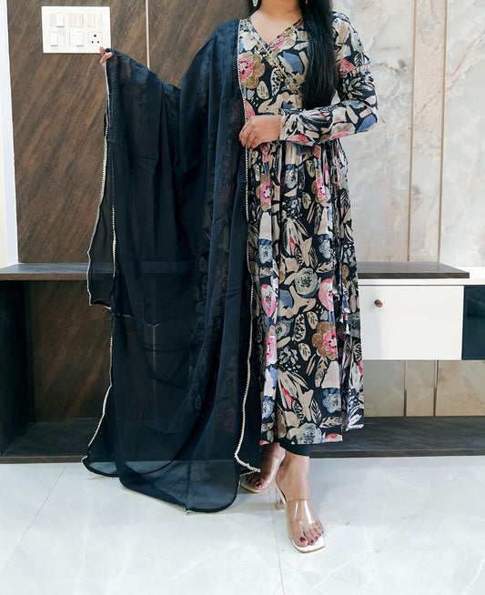 Printed Muslin Frock Suit With Pant And Chiffon Dupatta