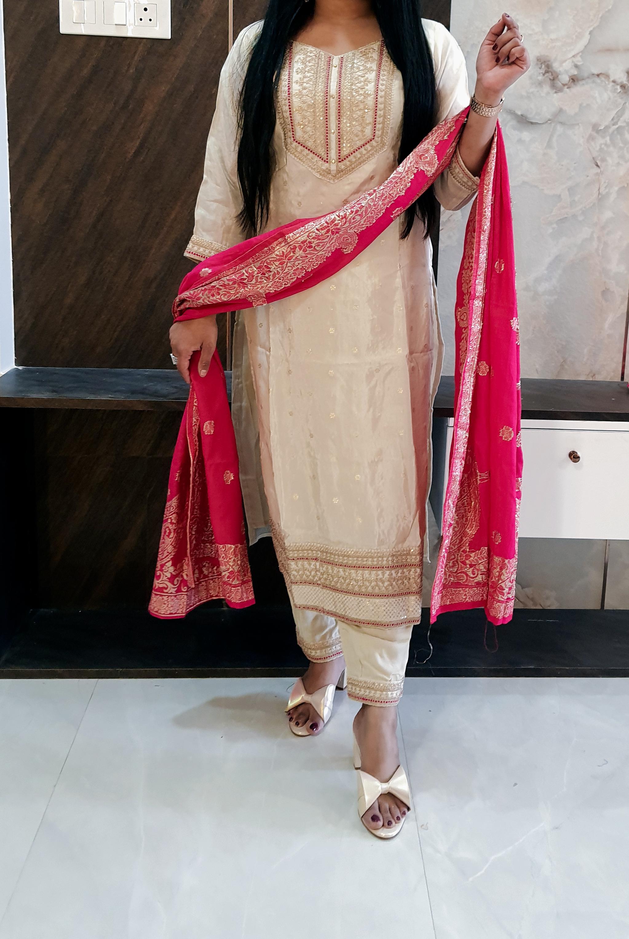 White Banarasi Suit Set With Brocade Dupatta