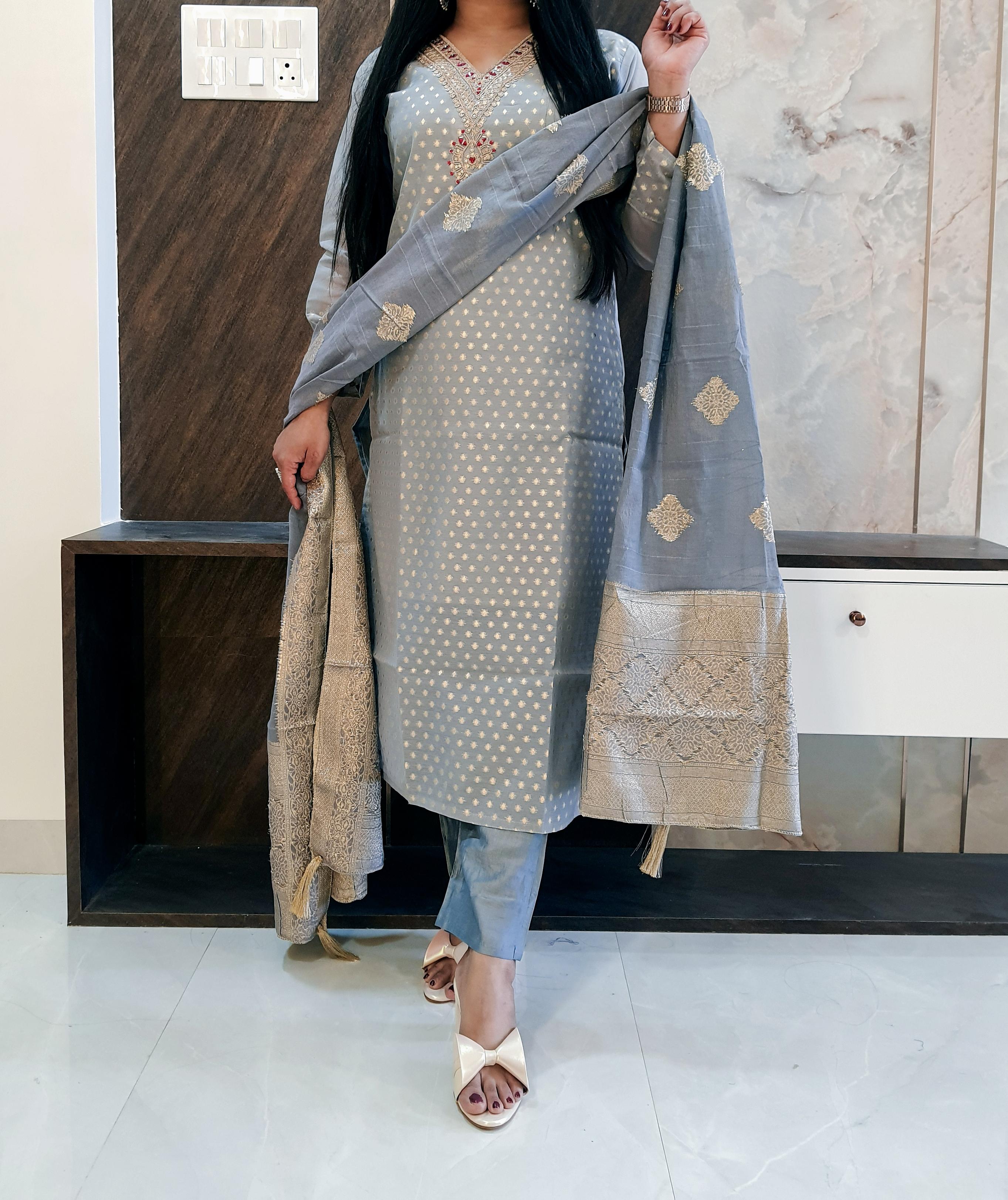 Grey Banarasi Suit Set With Brocade Dupatta