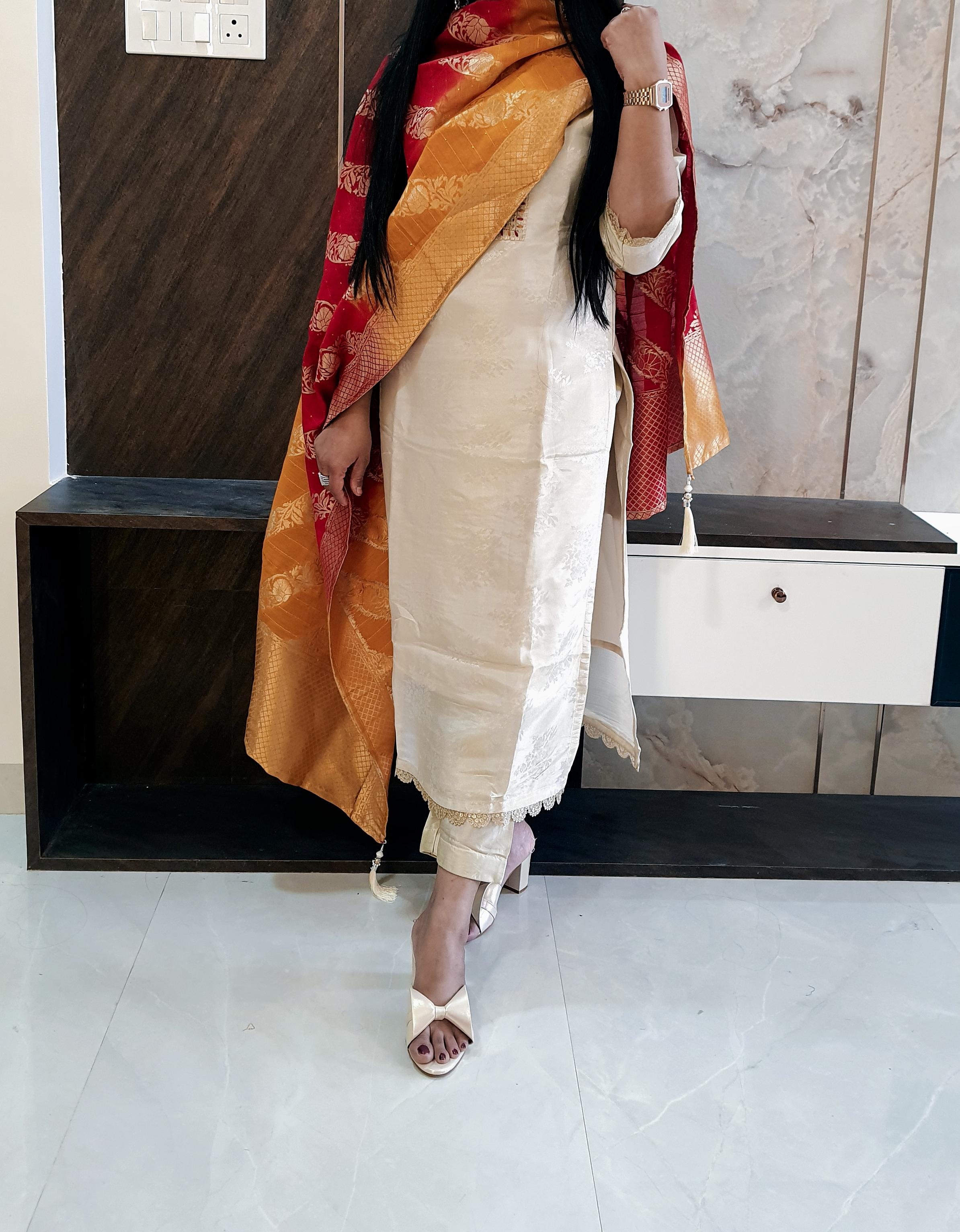 White Suit With Double Tone Brocade Dupatta