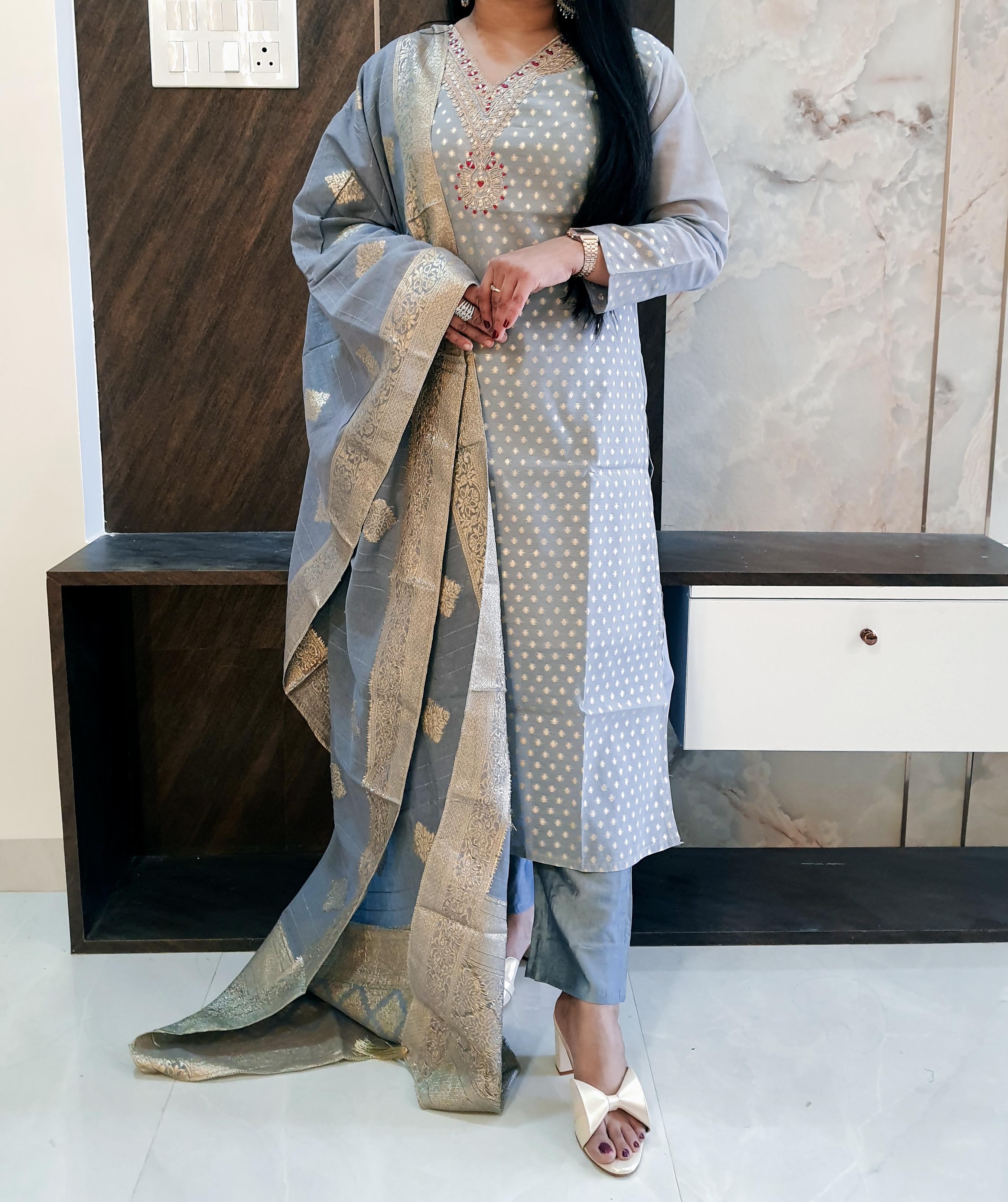 Grey Banarasi Suit Set With Brocade Dupatta