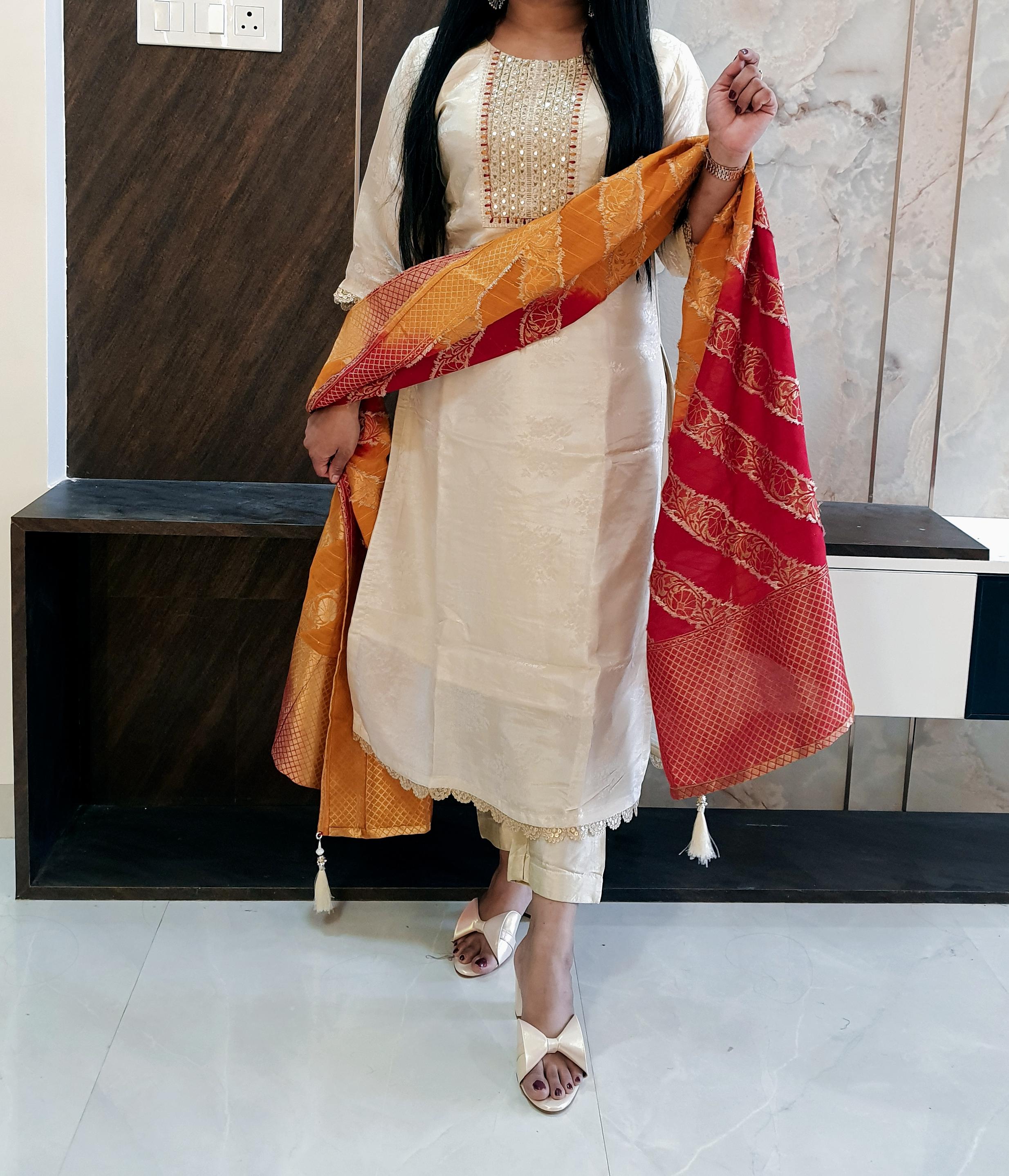 White Suit With Double Tone Brocade Dupatta