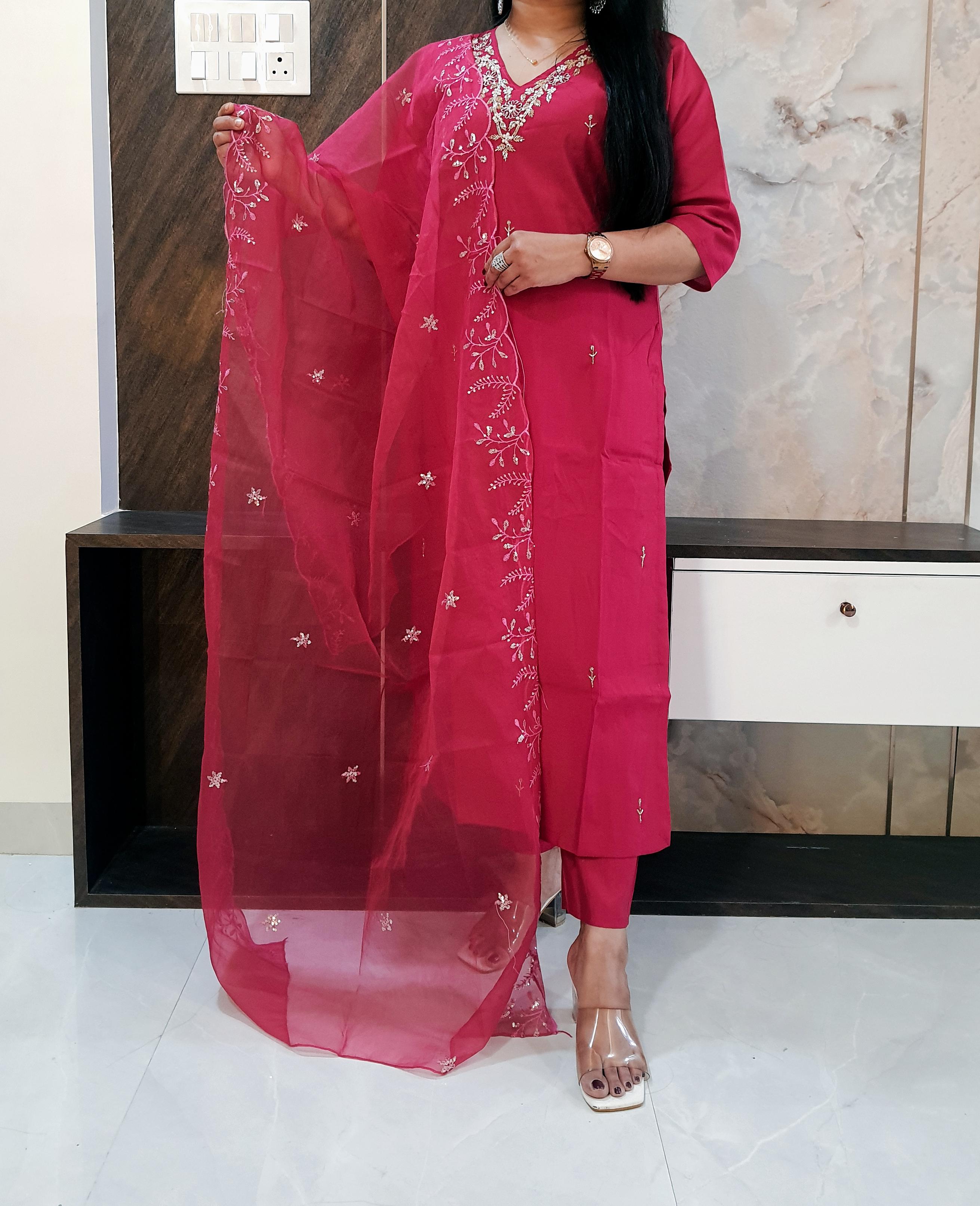 Fuschia Muslin Silk Suit Set