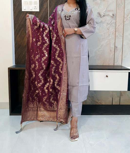Muslin Silk Suit With Heavy Silk Brocade Dupatta