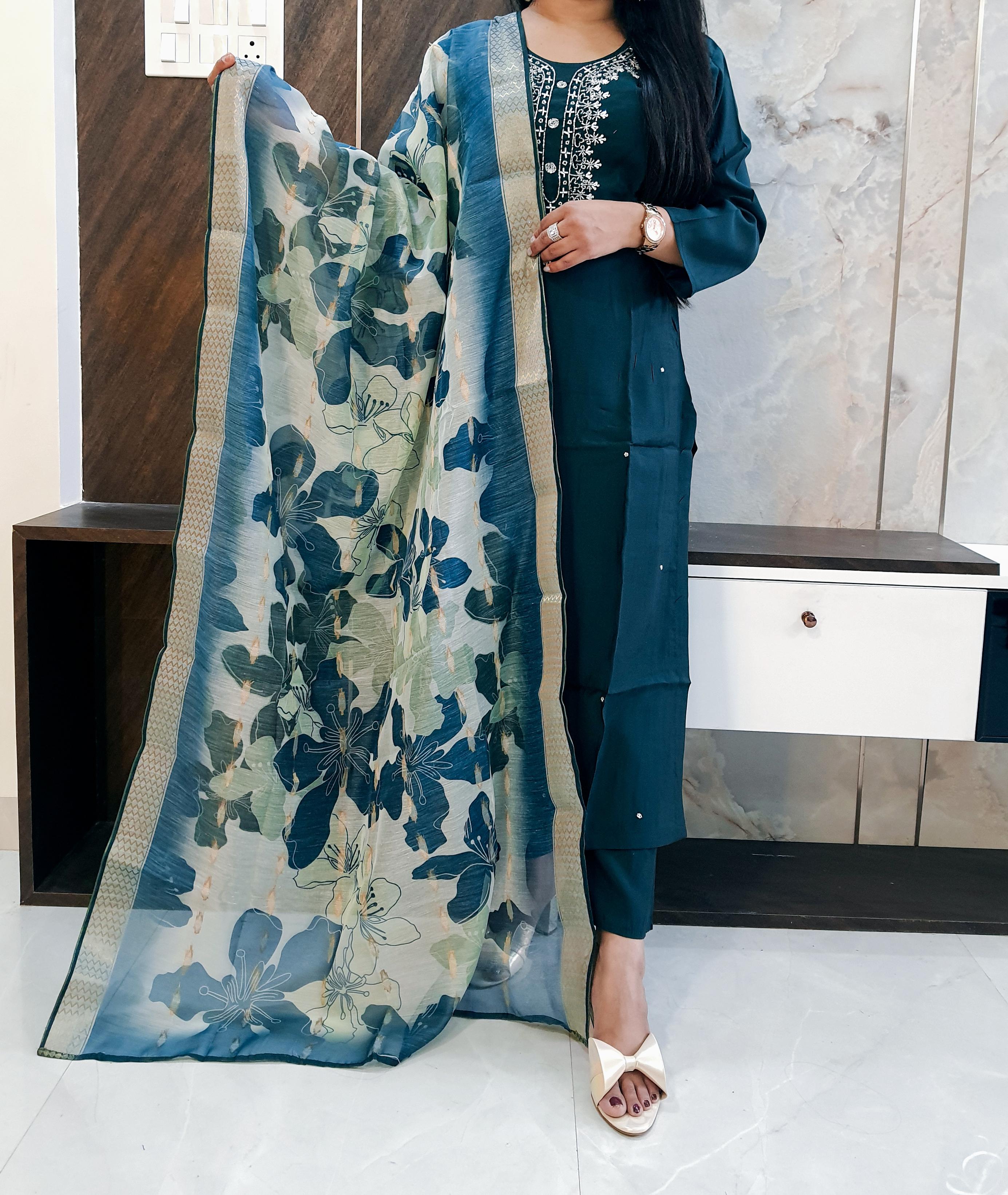 Silk Suit With Printed Brocade Silk Dupatta - Dark Green