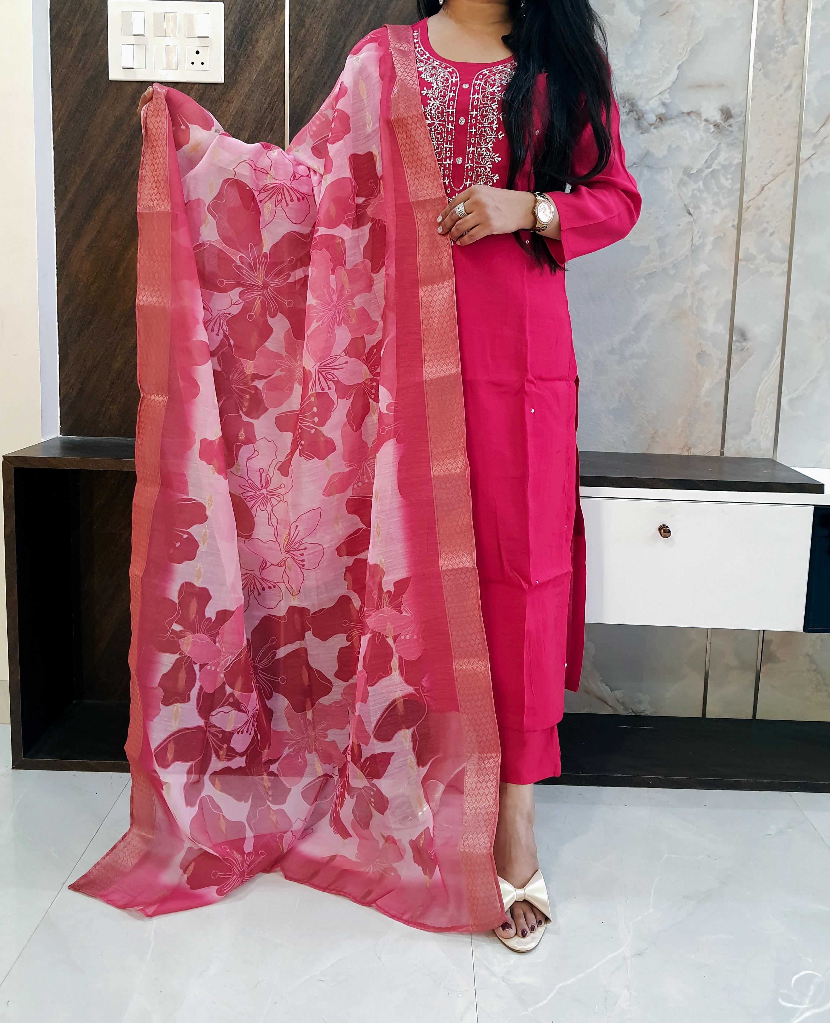 Silk Suit With Printed Brocade Silk Dupatta