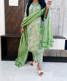 Green front Pleated Pure Cotton Dupatta Set