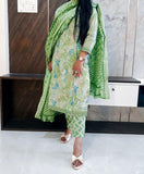 Green front Pleated Pure Cotton Dupatta Set