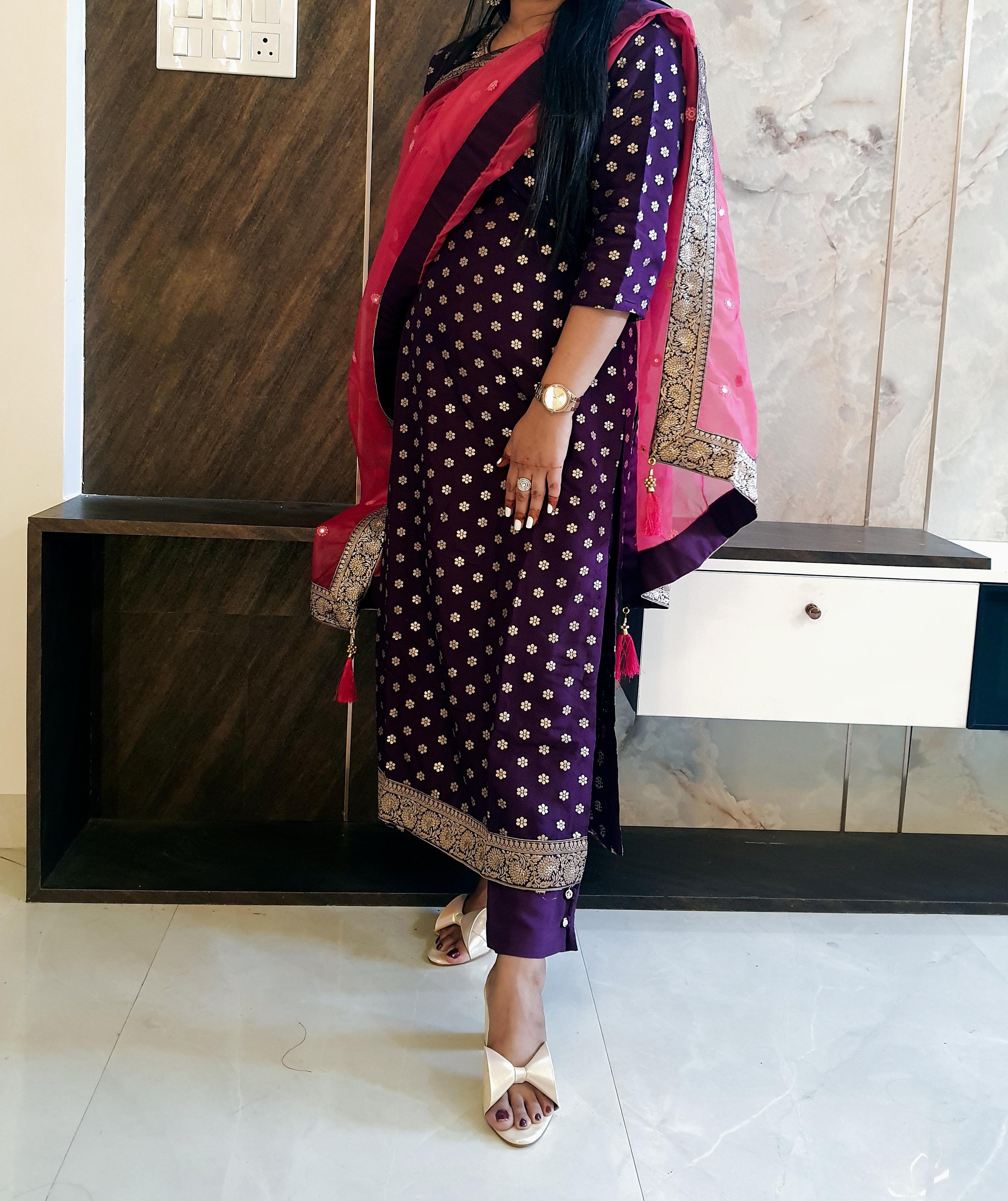 Purple Banarasi Suit Set With Dupatta