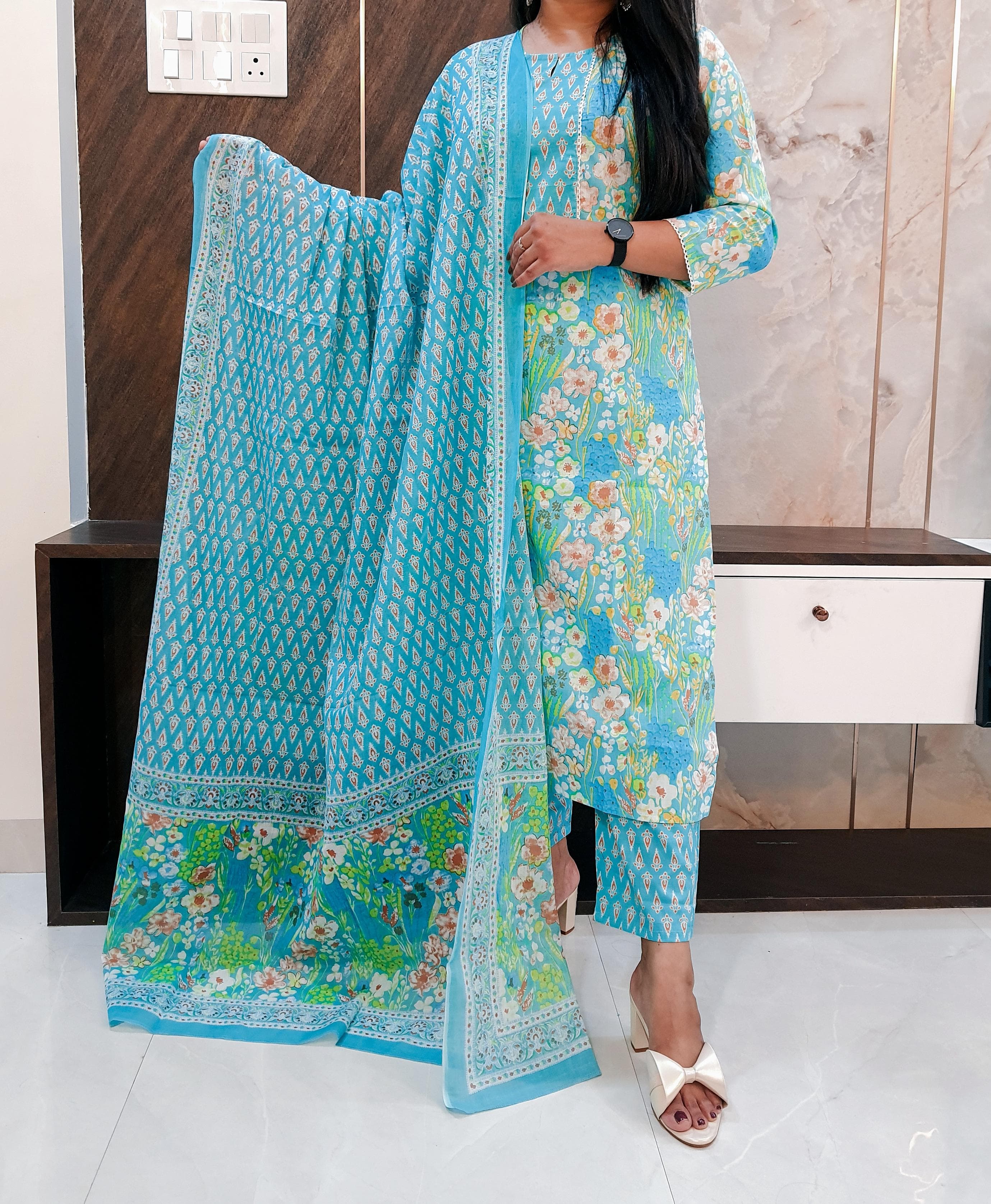 Sky Blue Pure Cotton Dupatta Set