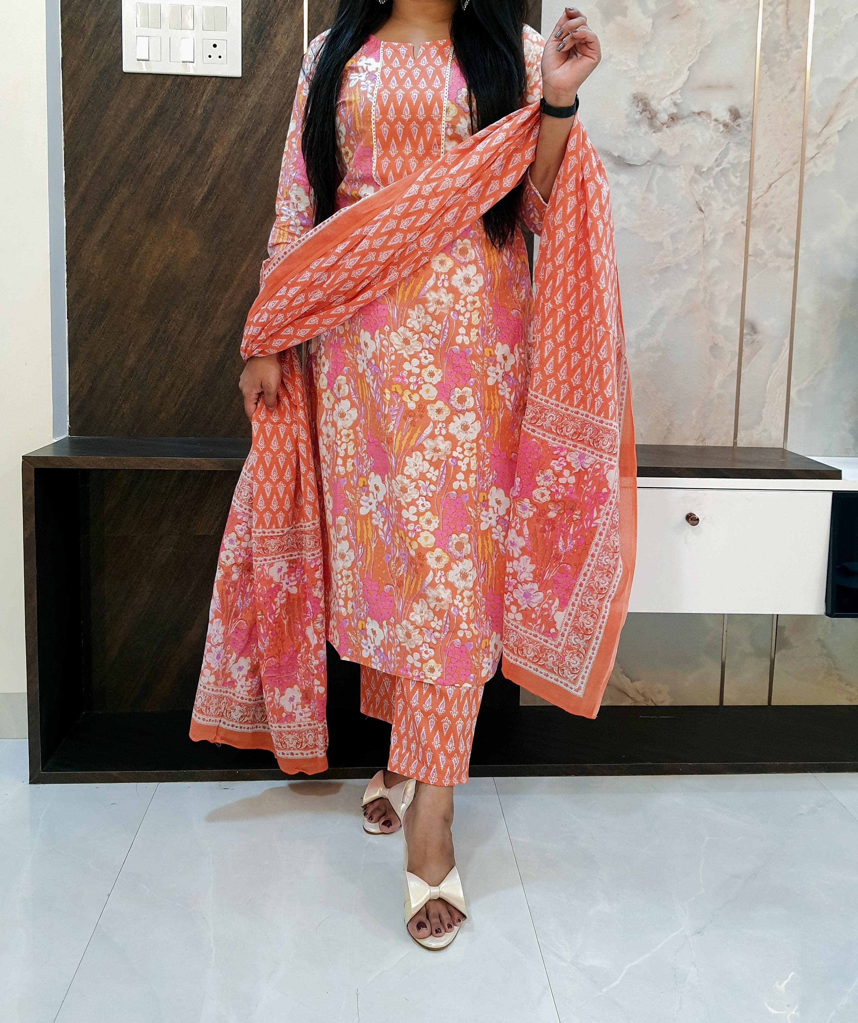 Orange Pure Cotton Dupatta Set