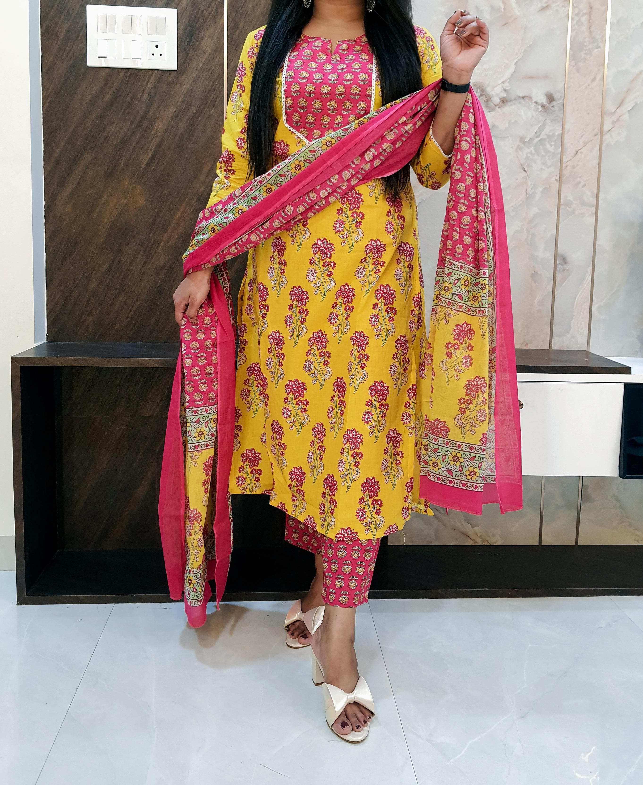 Yellow Pure Cotton Dupatta Set