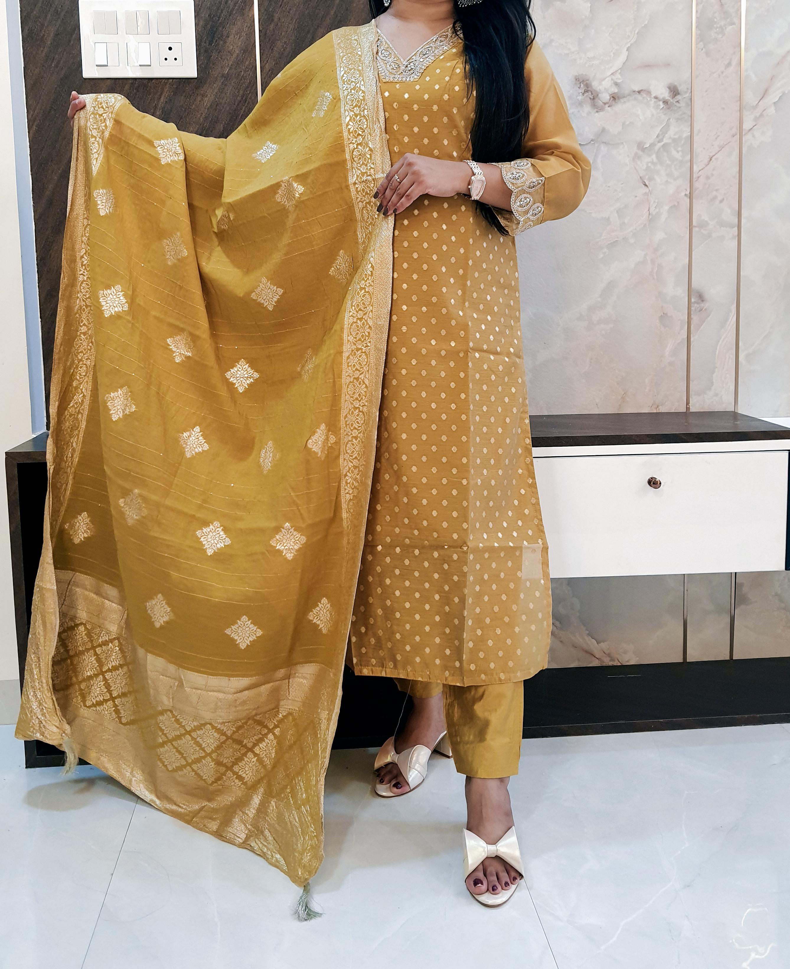 Banarasi Brocade Yellow Suit Set With Silk Brocade Dupatta