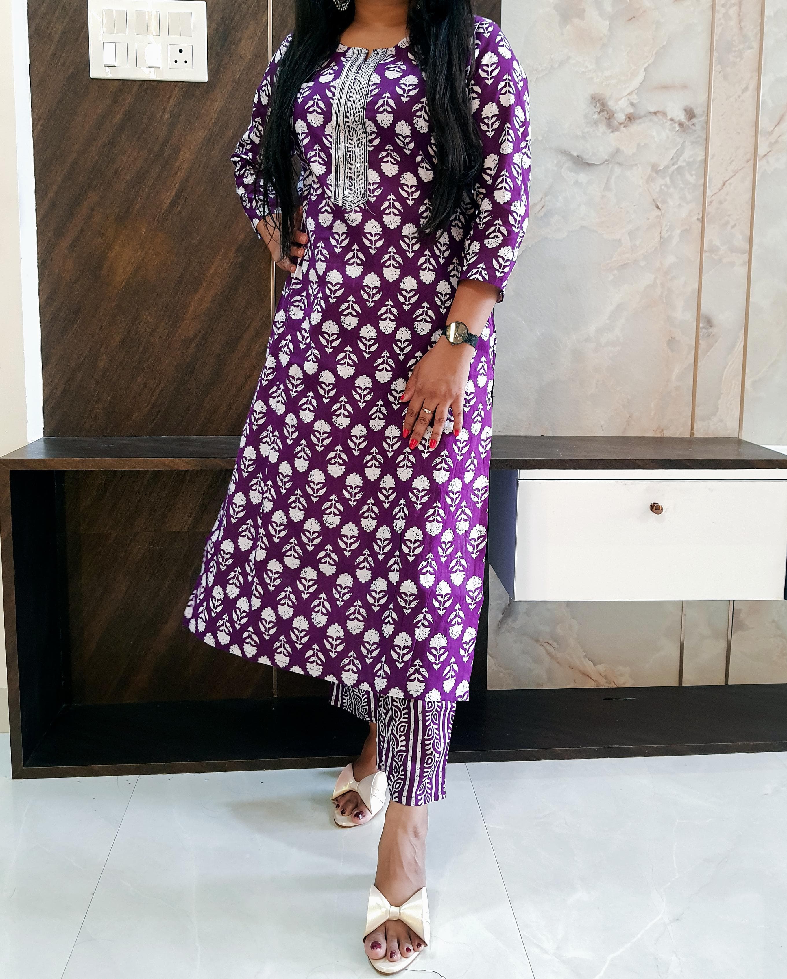 Purple Pure Cotton Kurti Pant Set