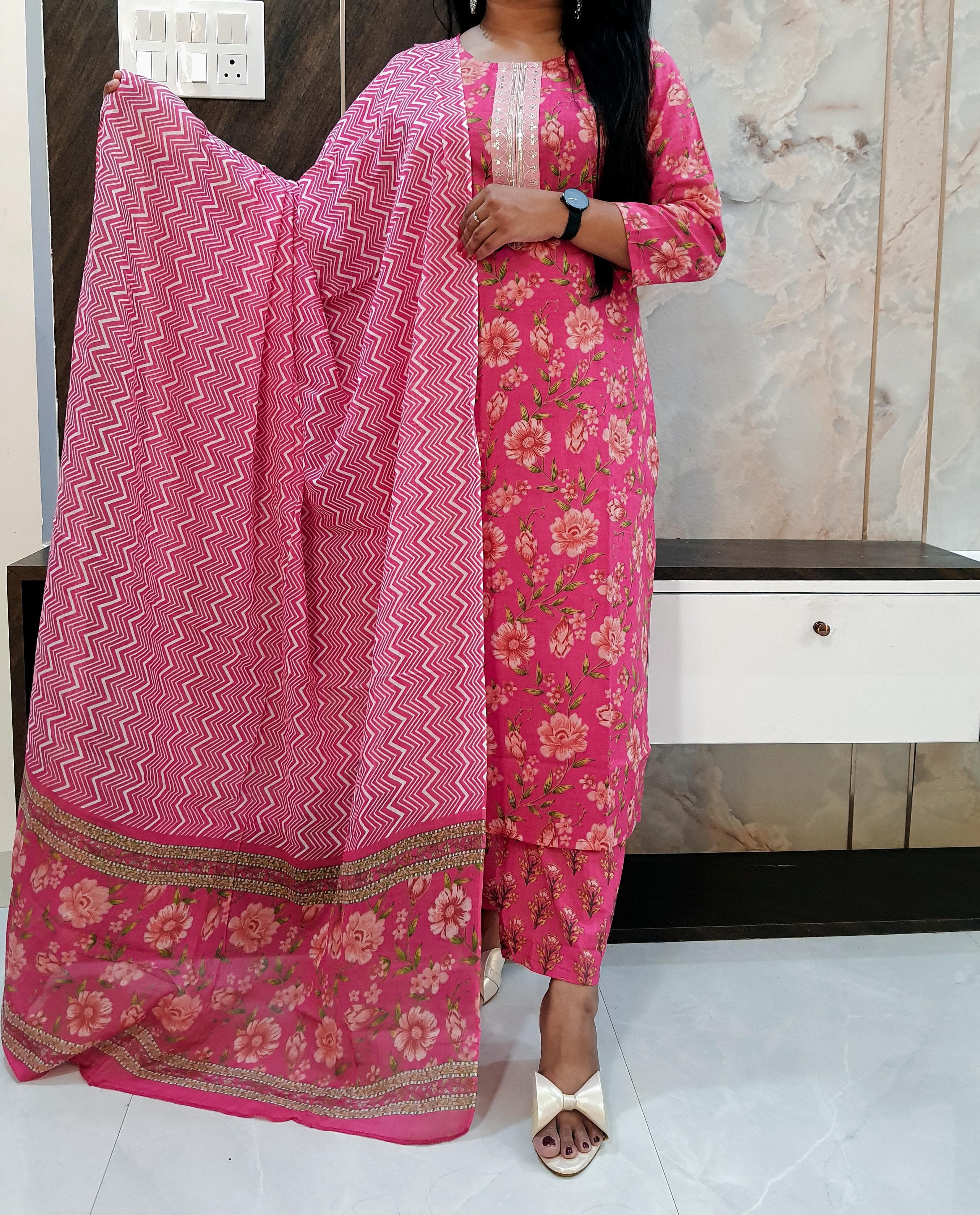 Pink Pure Cotton Dupatta Set