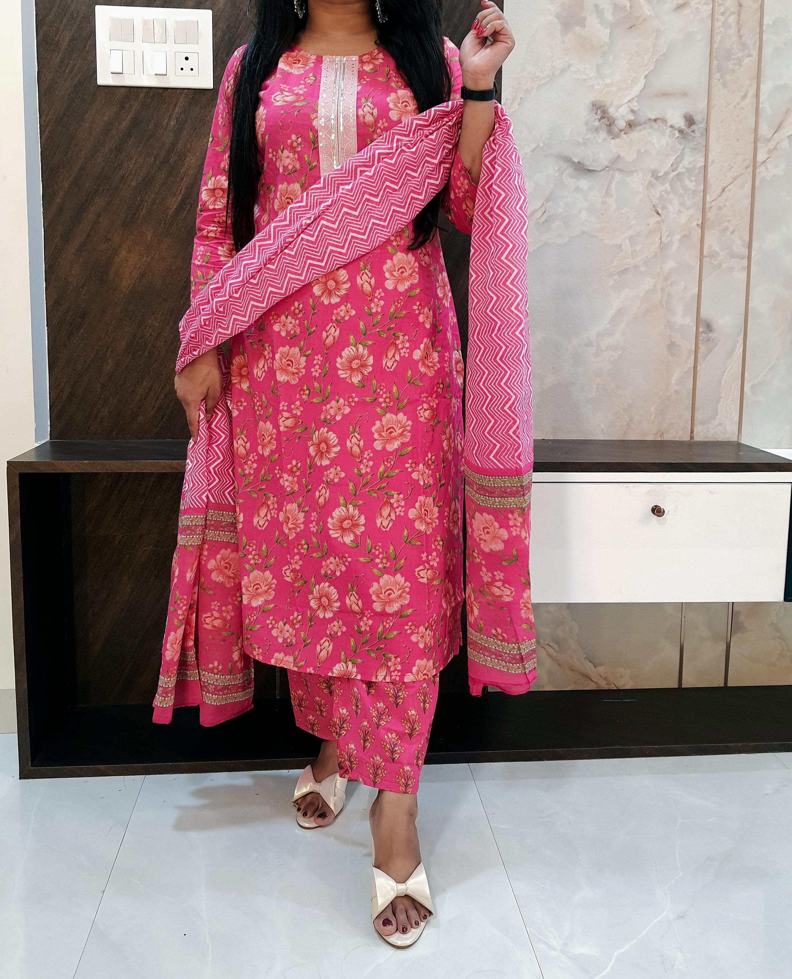 Pink Pure Cotton Dupatta Set