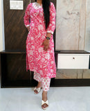 Pink And White Pure Cotton Kurti Pant Set