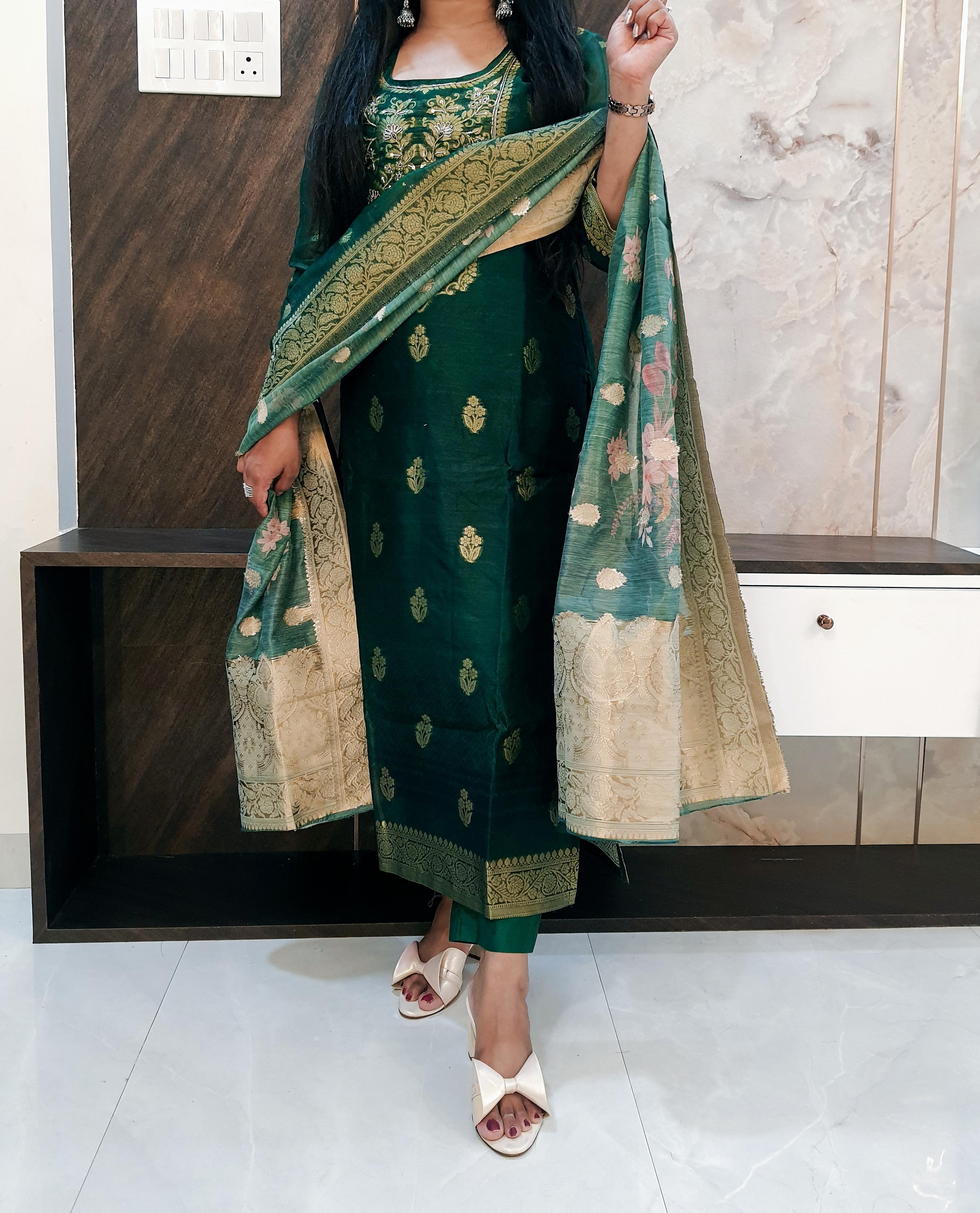 Mehndi Green Banarasi Suit