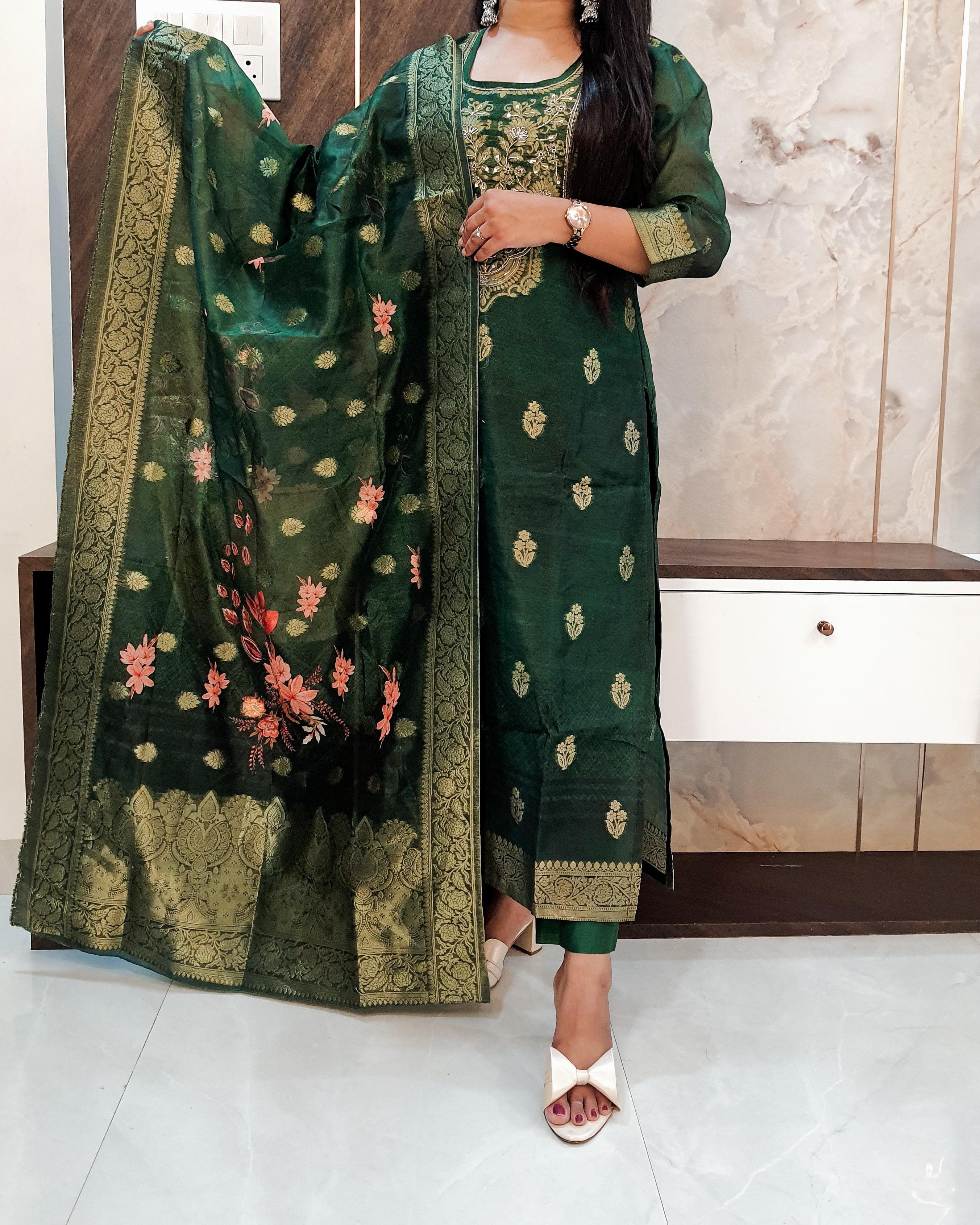 Mehndi Green Banarasi Suit