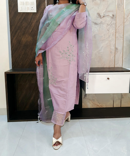 Lilac Silk Suit With Organza Dupatta