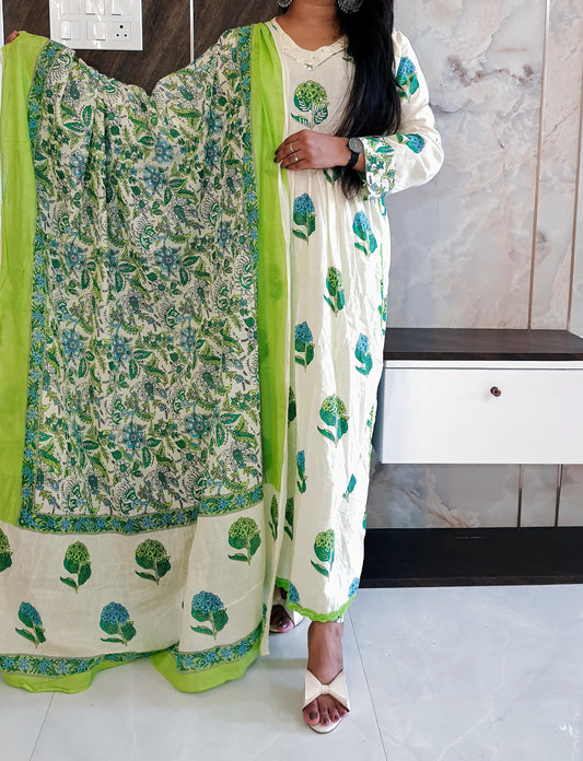 White And Green Cotton Round Cut Anarkali Suit