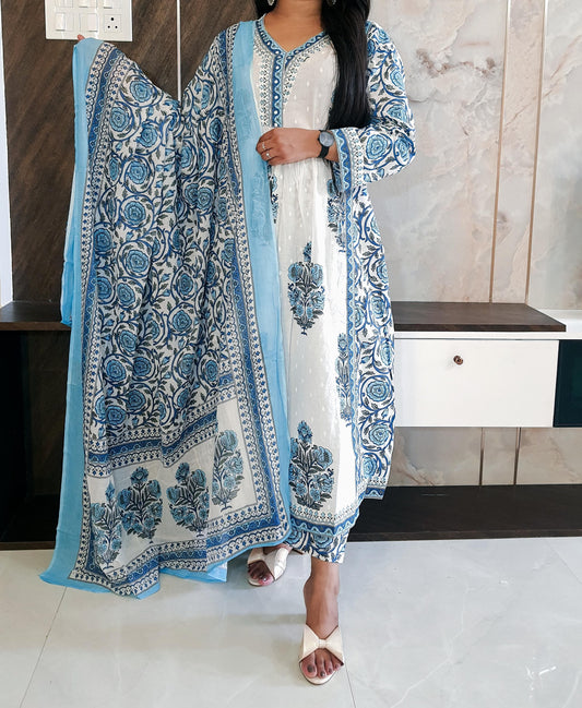 Blue And White Cotton Round Cut Anarkali Suit