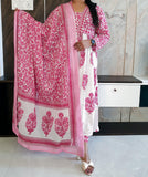 Pink And White Cotton Round Cut Suit