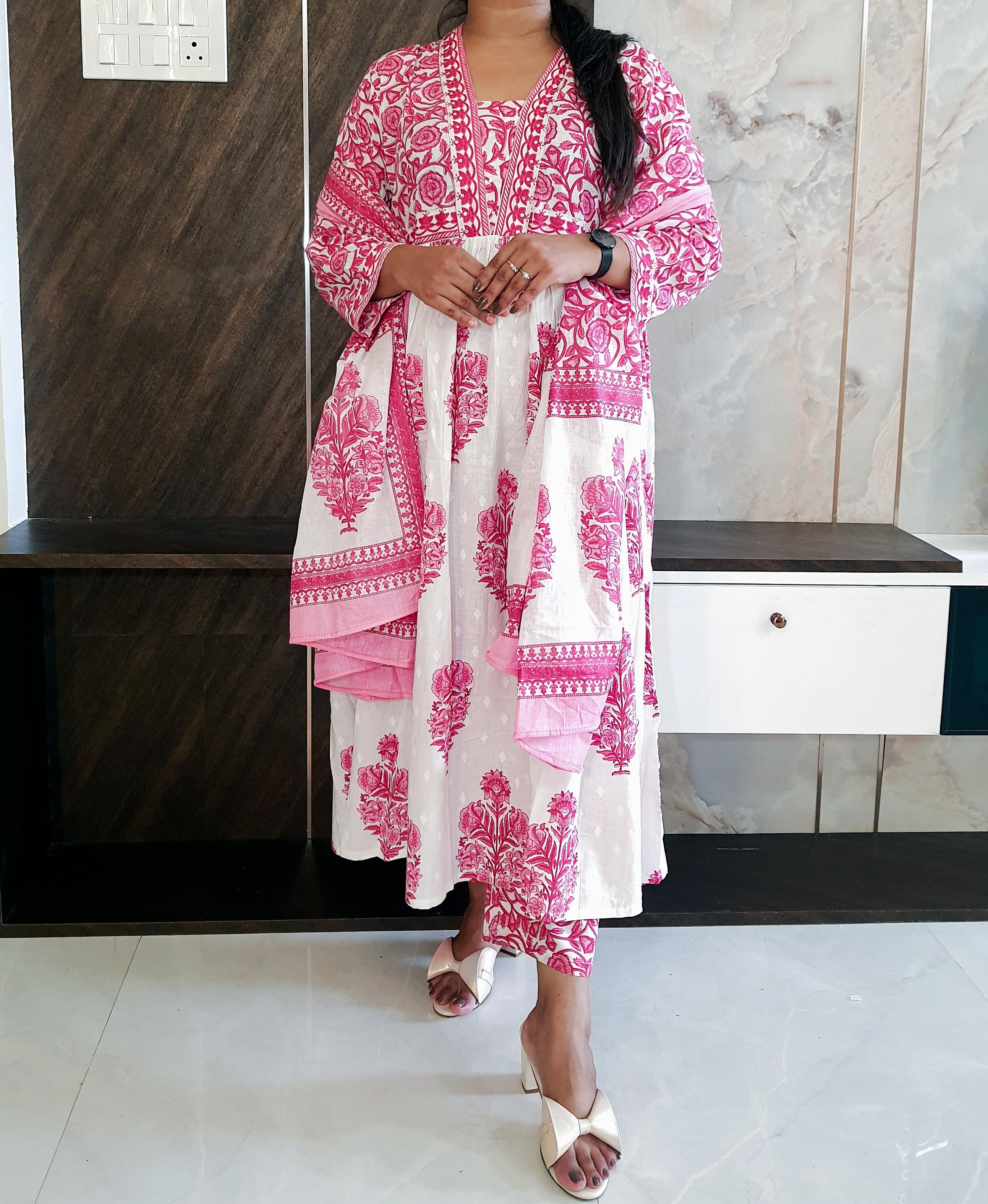 Pink And White Cotton Round Cut Suit