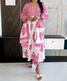 Pink And White Cotton Round Cut Suit