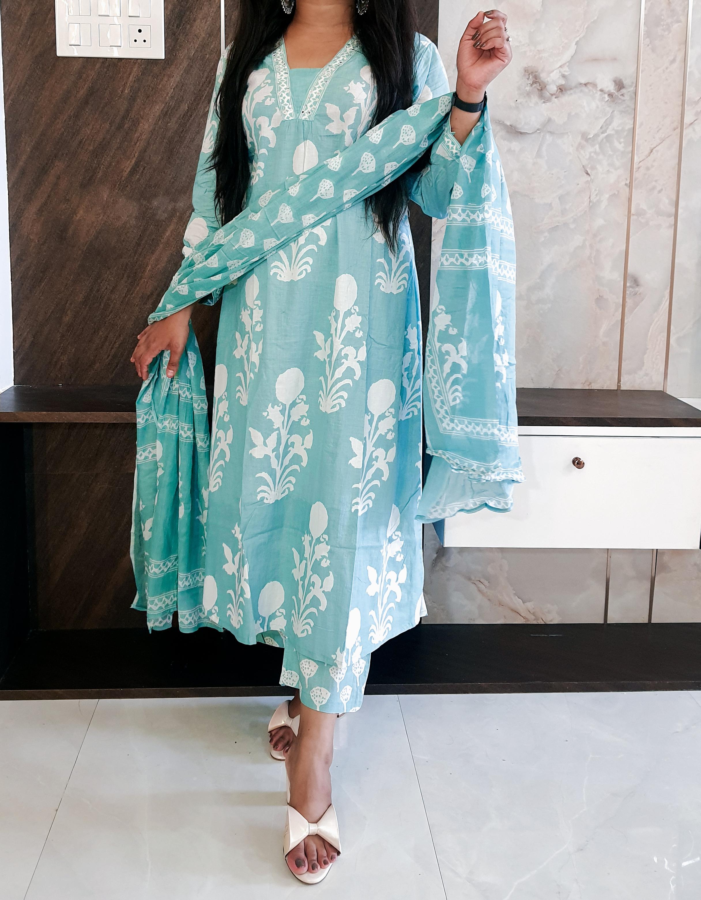 Sky Blue Cotton Round Cut Anarkali Suit