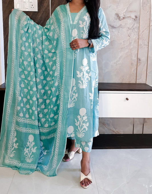 Sky Blue Cotton Round Cut Anarkali Suit