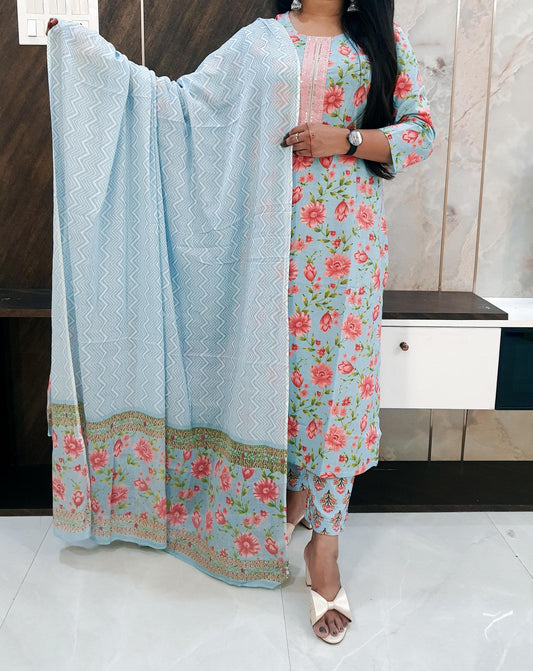 Light Blue Pure Cotton Dupatta Set