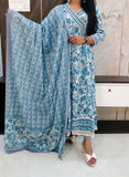 Pure Light Blue Cotton Frock Style Dupatta Set