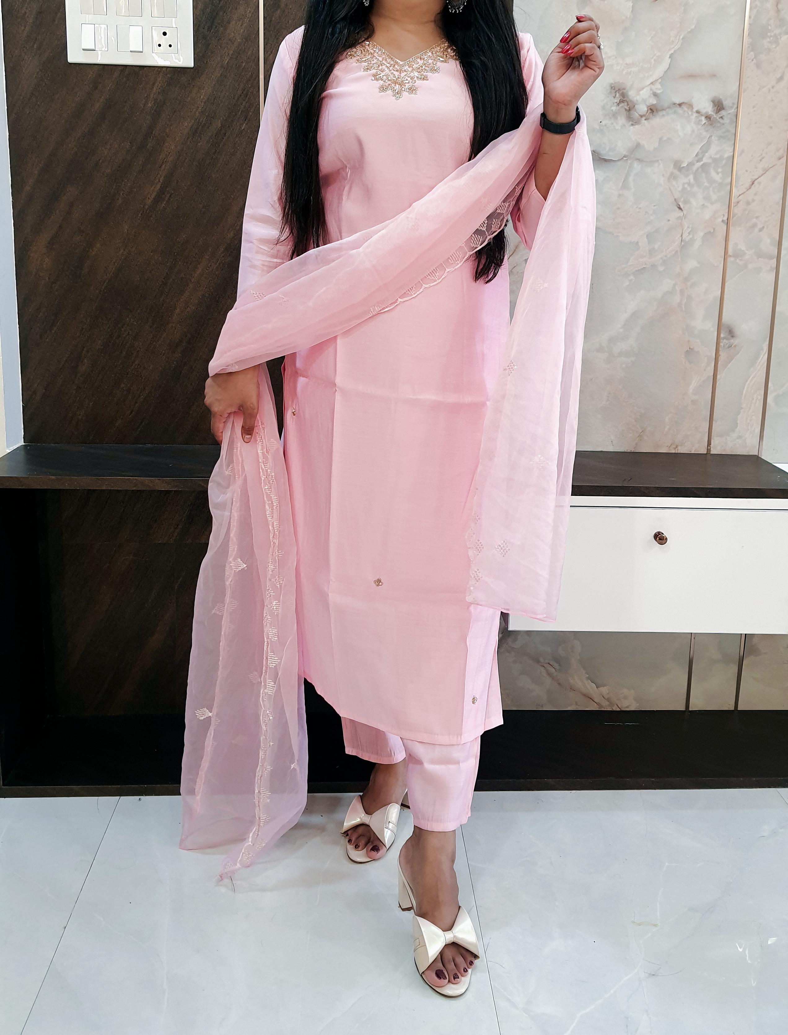 Designer Pink Muslin Suit